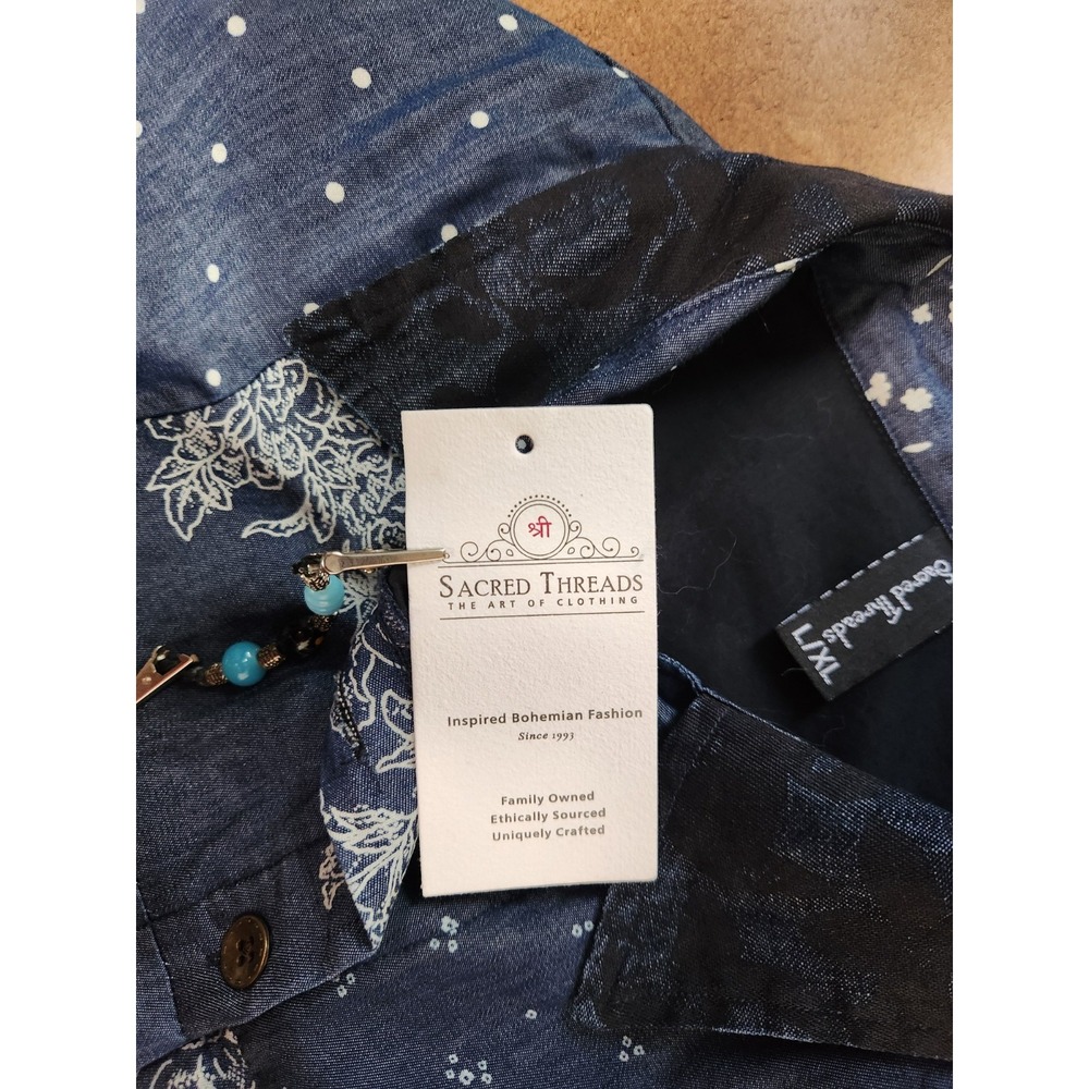 Sacred Threads Patchwork Denim Shacket Size L/XL Blue Geometric Hippie Festival - Picture 11 of 11